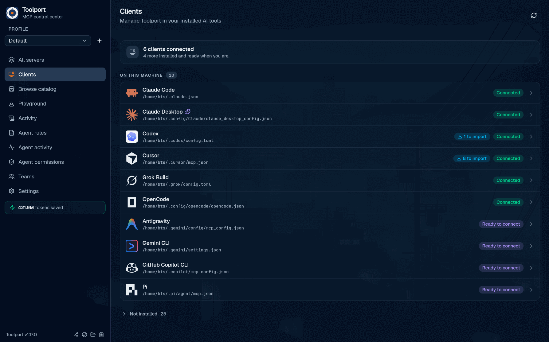Toolport's Clients page: every installed agent detected with its config path, connected with one toggle
