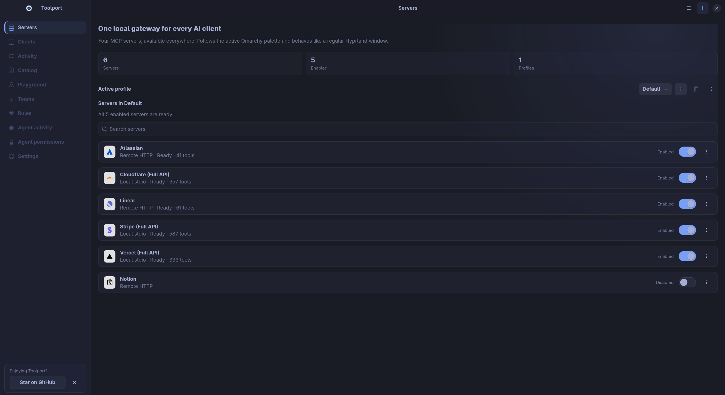 Toolport on Linux with the Tokyo Night theme: MCP servers, connection status, tool counts, and per-server toggles