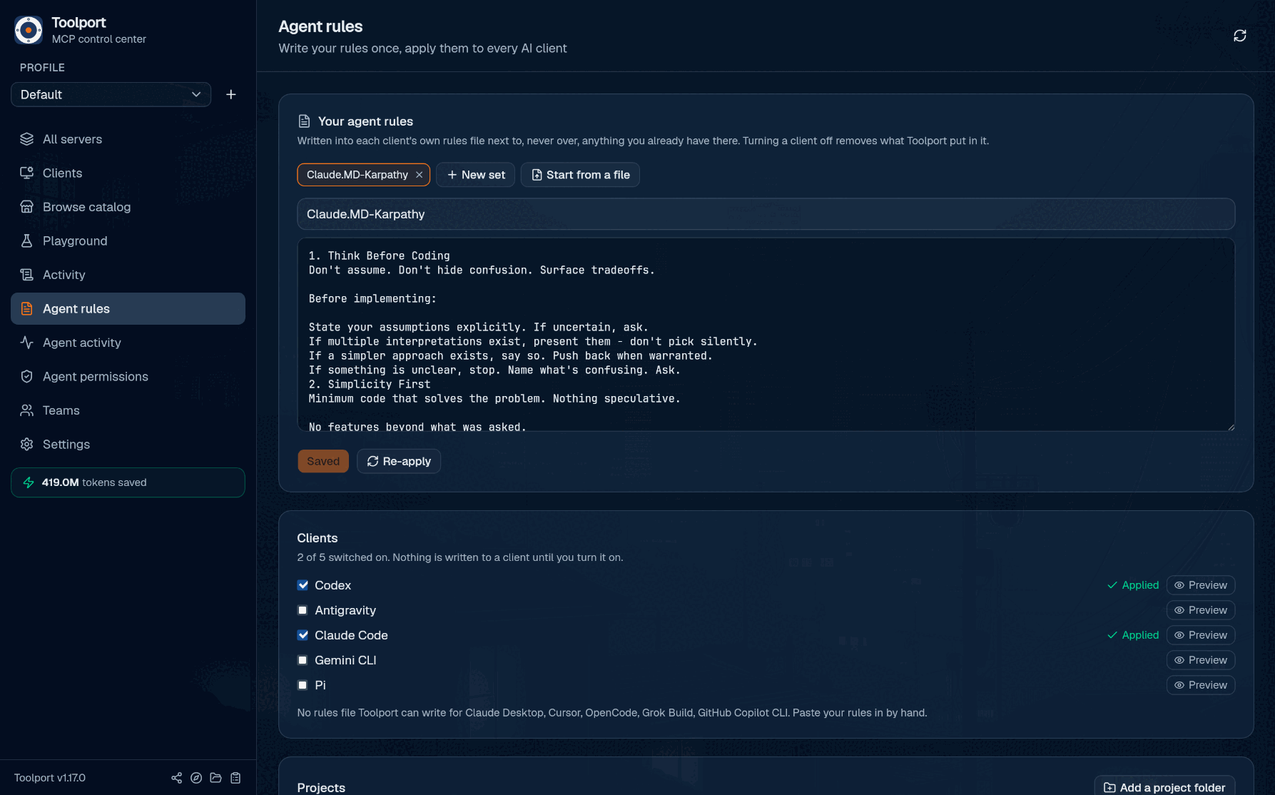 The Agent rules tab: one ruleset applied to Codex and Claude Code, with a preview per client before anything is written