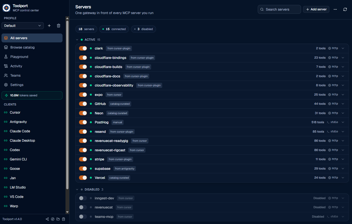 The Toolport app: set up a server once, toggle it into any agent, with live activity and tokens saved