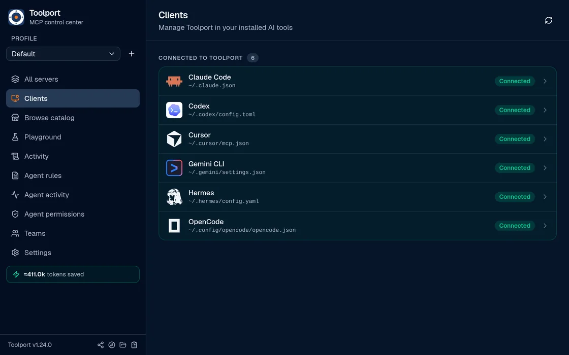 Toolport Clients screen: Claude Code, Codex, Cursor, Gemini CLI, Hermes and OpenCode, each connected to Toolport