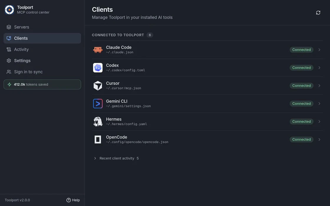 Toolport Clients screen: Claude Code, Codex, Cursor, Gemini CLI, Hermes and OpenCode, each connected to Toolport