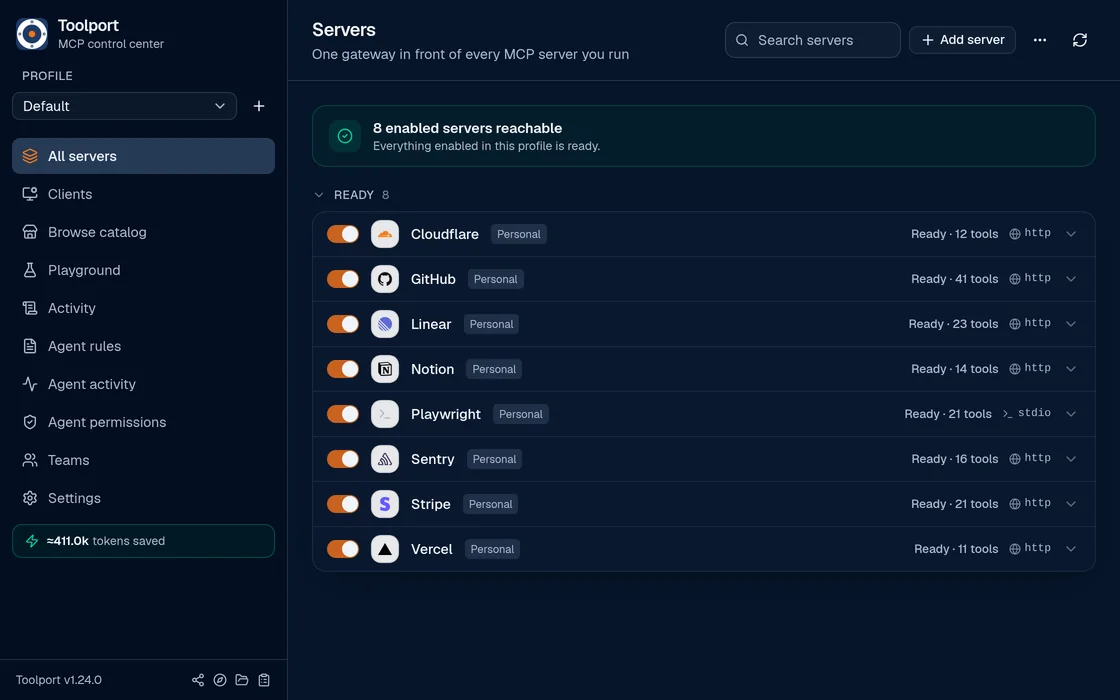 Toolport Servers screen: Cloudflare, GitHub, Linear, Notion, Playwright, Sentry, Stripe and Vercel, each Ready with its tool count