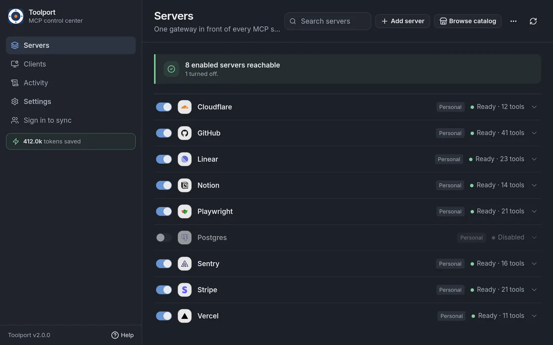 Toolport Servers screen: Cloudflare, GitHub, Linear, Notion, Playwright, Sentry, Stripe and Vercel, each Ready with its tool count