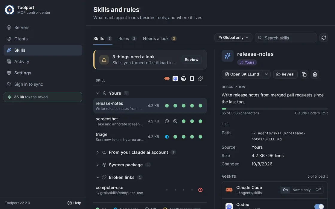 Toolport Skills and rules screen: three of your skills with their state in Claude Code, Codex, Cursor, OpenCode and Grok, and the release-notes skill's details