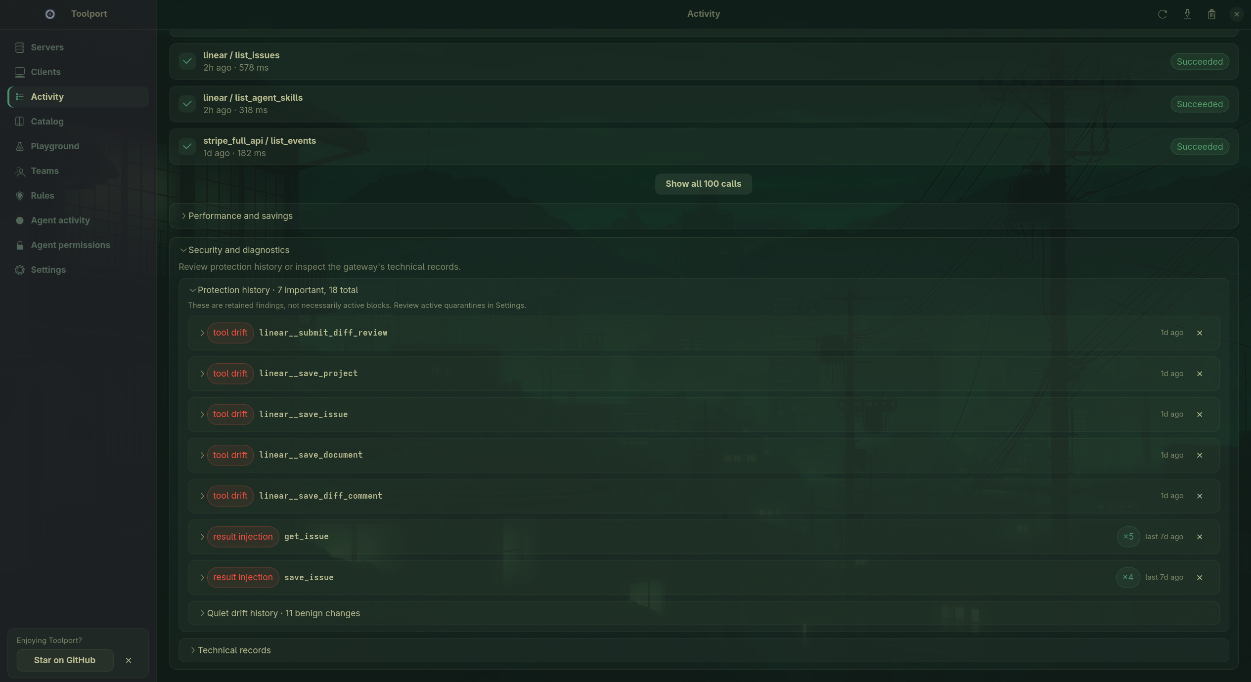 Toolport Activity on Omarchy showing tool drift and result injection findings in the protection history