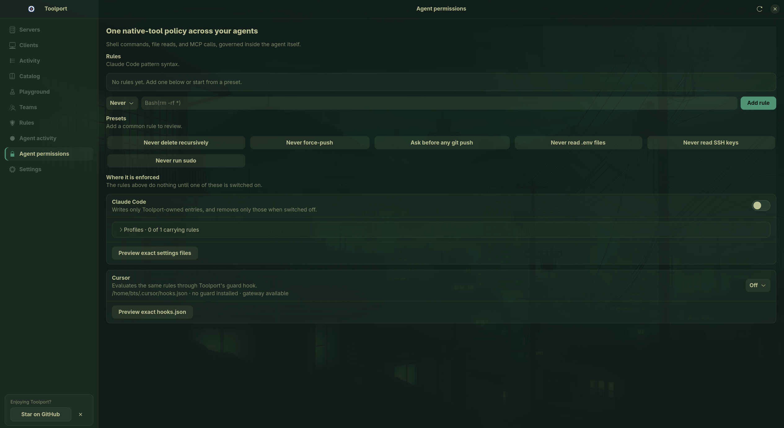 Toolport agent permissions on Omarchy showing rule presets and the Claude Code and Cursor enforcement targets