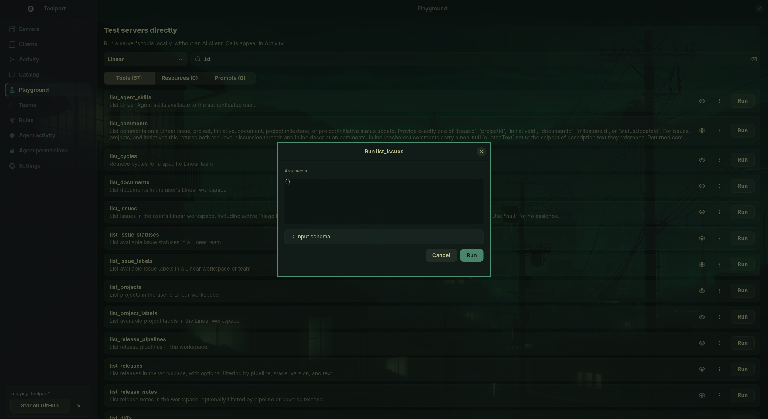 Toolport Playground on Omarchy with the Run list_issues dialog open over the Linear tool list, showing the arguments editor