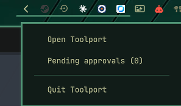 The Toolport tray menu in the Omarchy status bar showing open, pending approvals, and quit