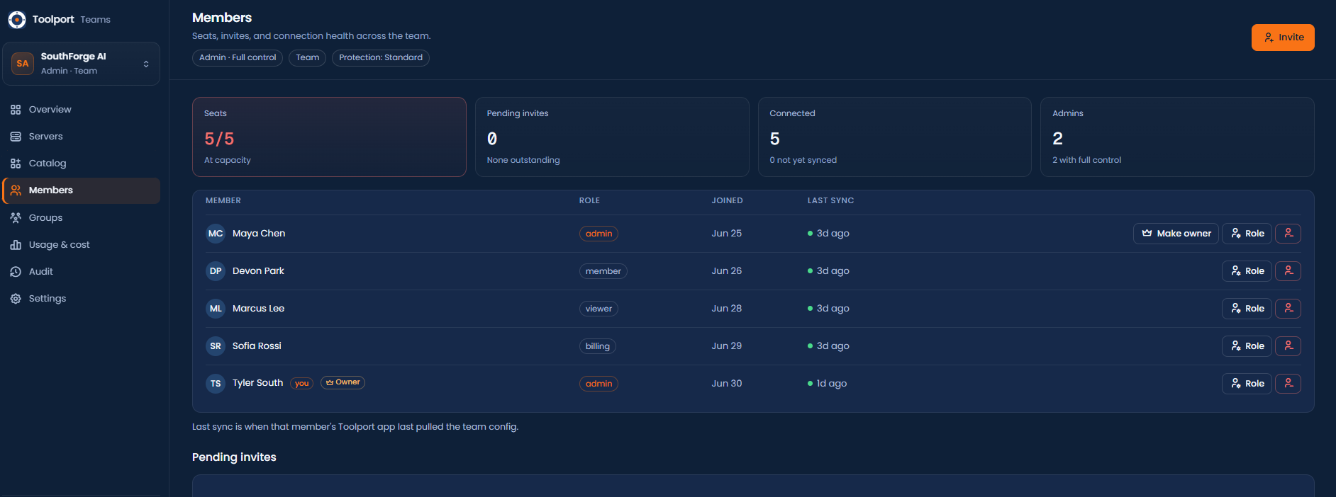 Toolport for Teams members screen showing roles and invited teammates